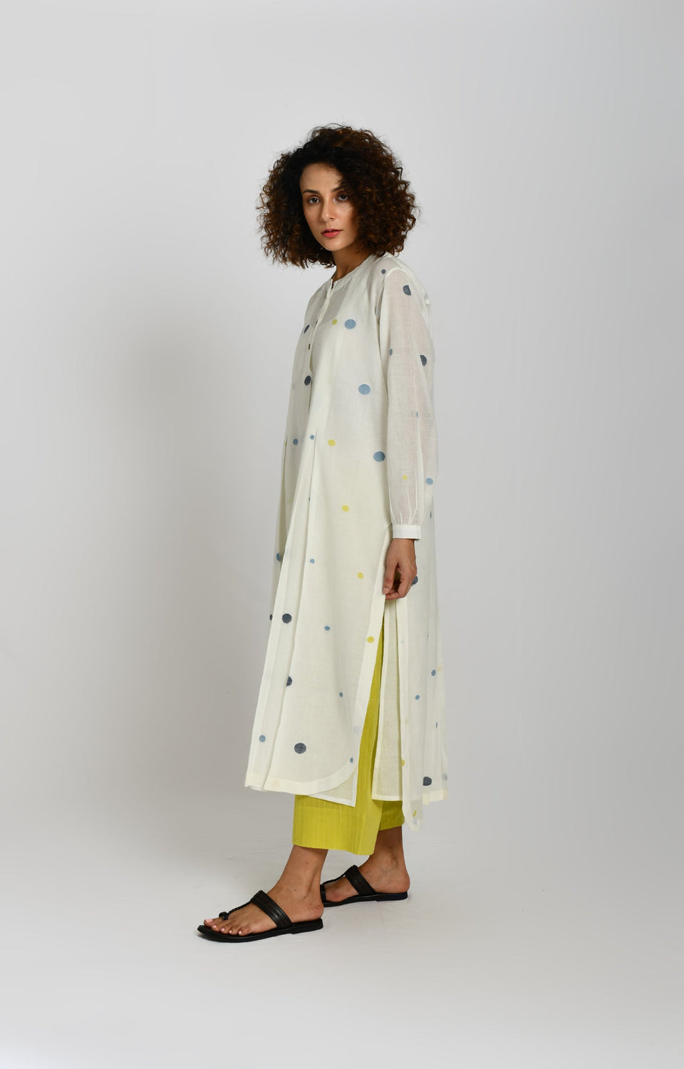 White polka jamdani tunic – handwoven cotton kurta for women - Hiranya