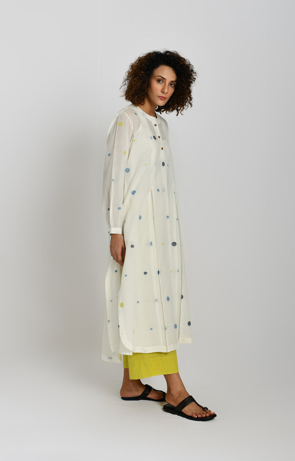 White and olive polka Jamdani handwoven tunic with pants co-ord set for women