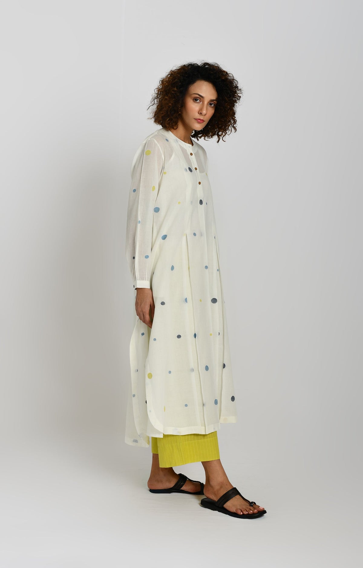 White polka jamdani tunic – handwoven cotton kurta for women - Hiranya