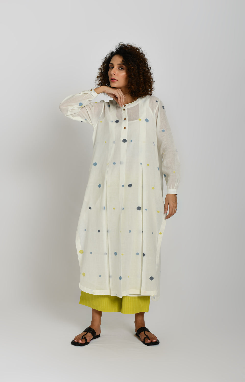White and olive polka Jamdani handwoven tunic with pants co-ord set for women