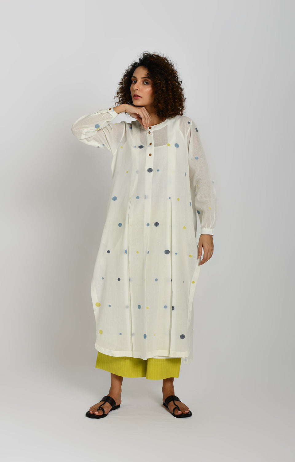 White polka jamdani tunic – handwoven cotton kurta for women - Hiranya