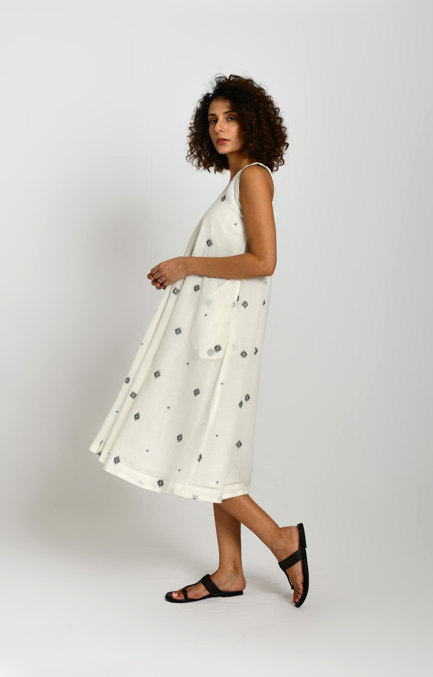 Front Flare Jamdani A- Line Dress- White