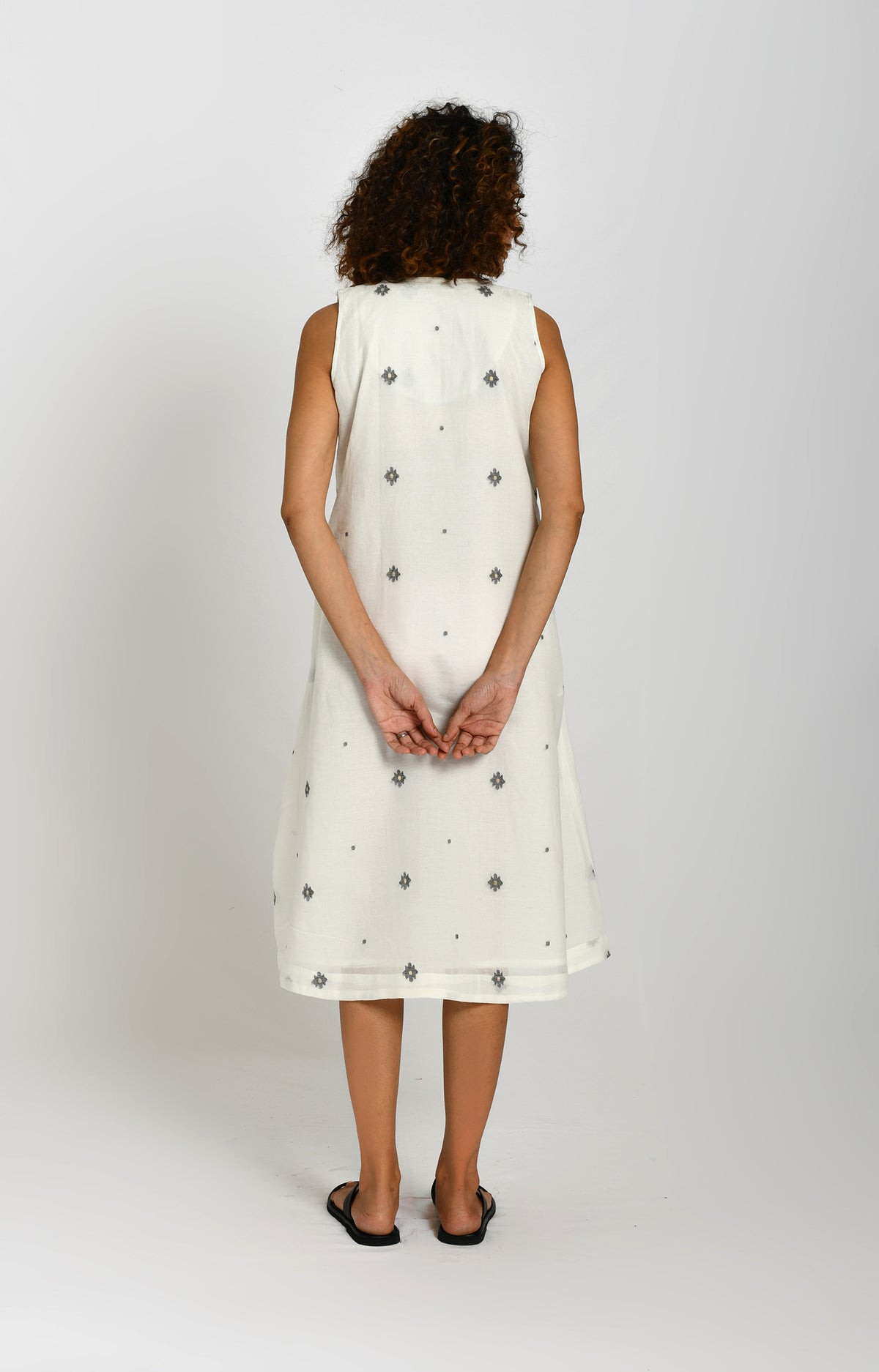 Front Flare Jamdani A- Line Dress- White
