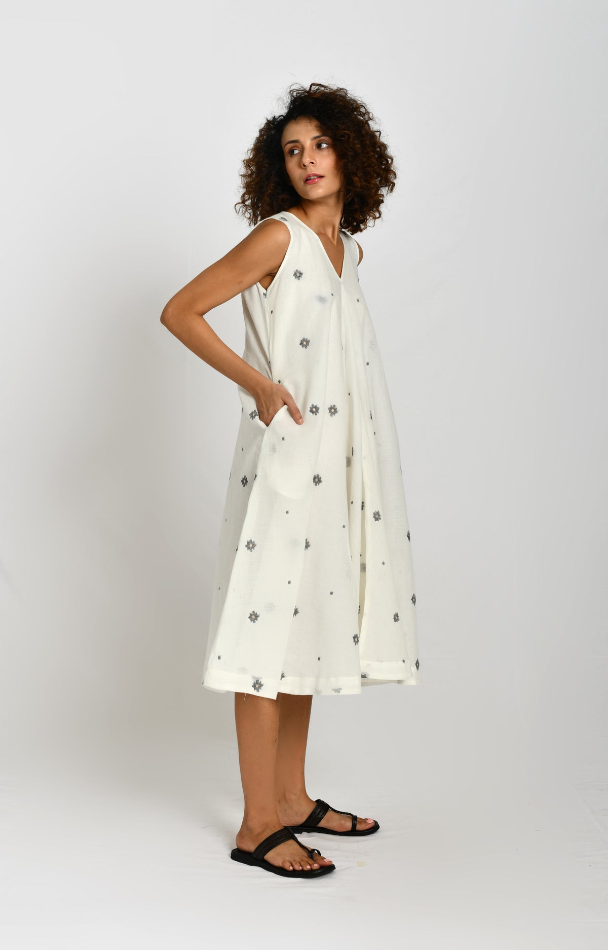 Front Flare Jamdani A- Line Dress- White