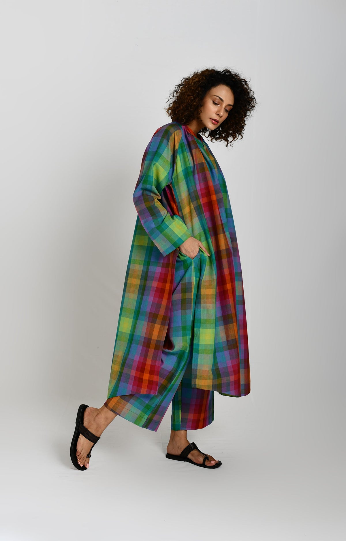 Madras checks gathered neck kurta in multicolor with full sleeves