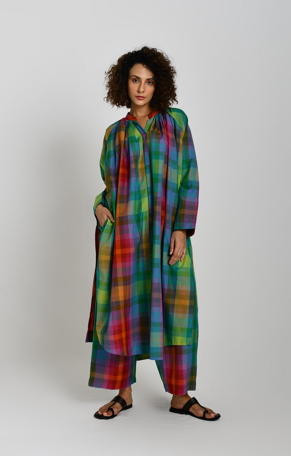 Madras checks gathered neck kurta in multicolor with full sleeves