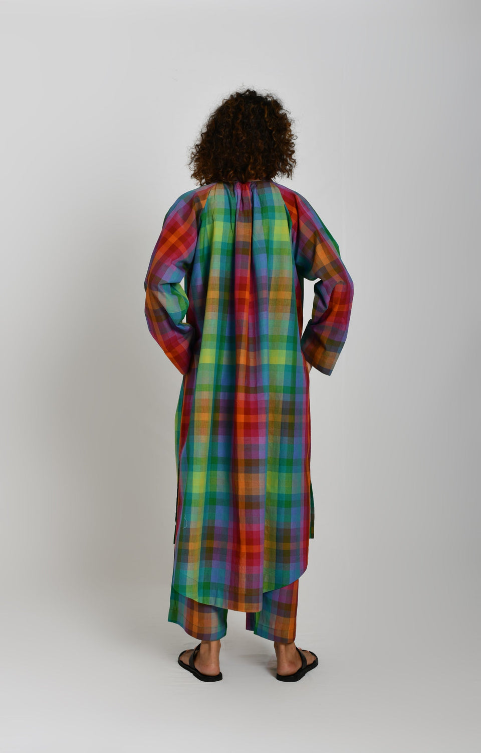 Madras checks gathered neck kurta in multicolor with full sleeves