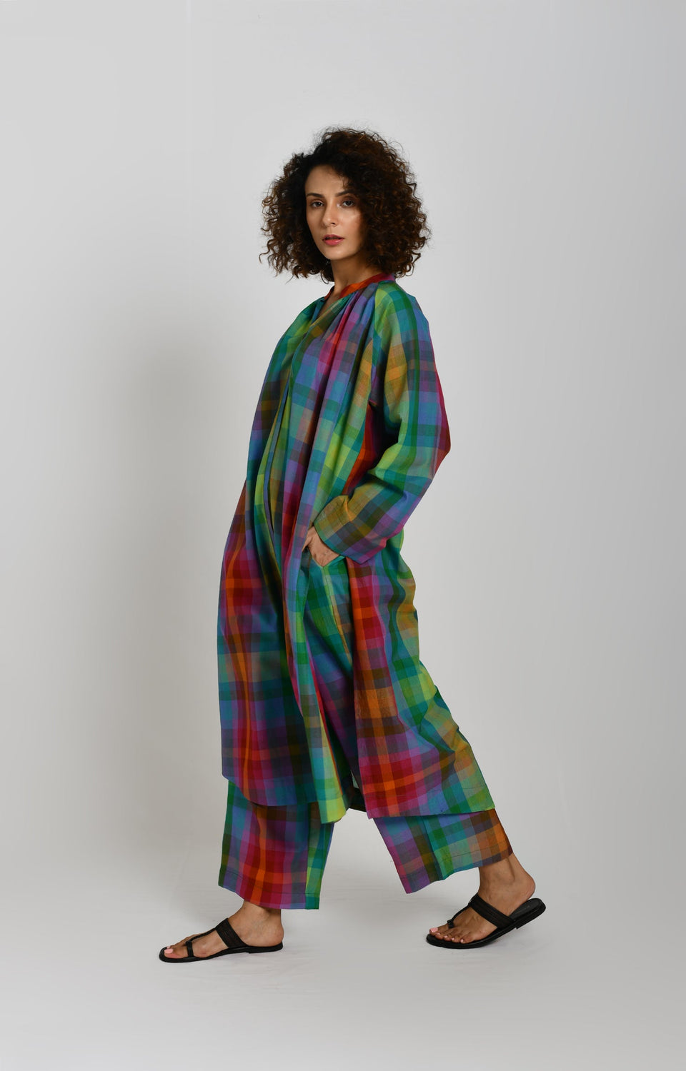 Madras checks gathered neck kurta in multicolor with full sleeves