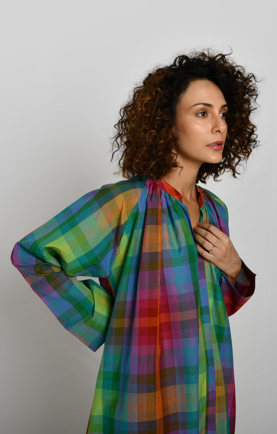 Madras checks gathered neck kurta in multicolor with full sleeves