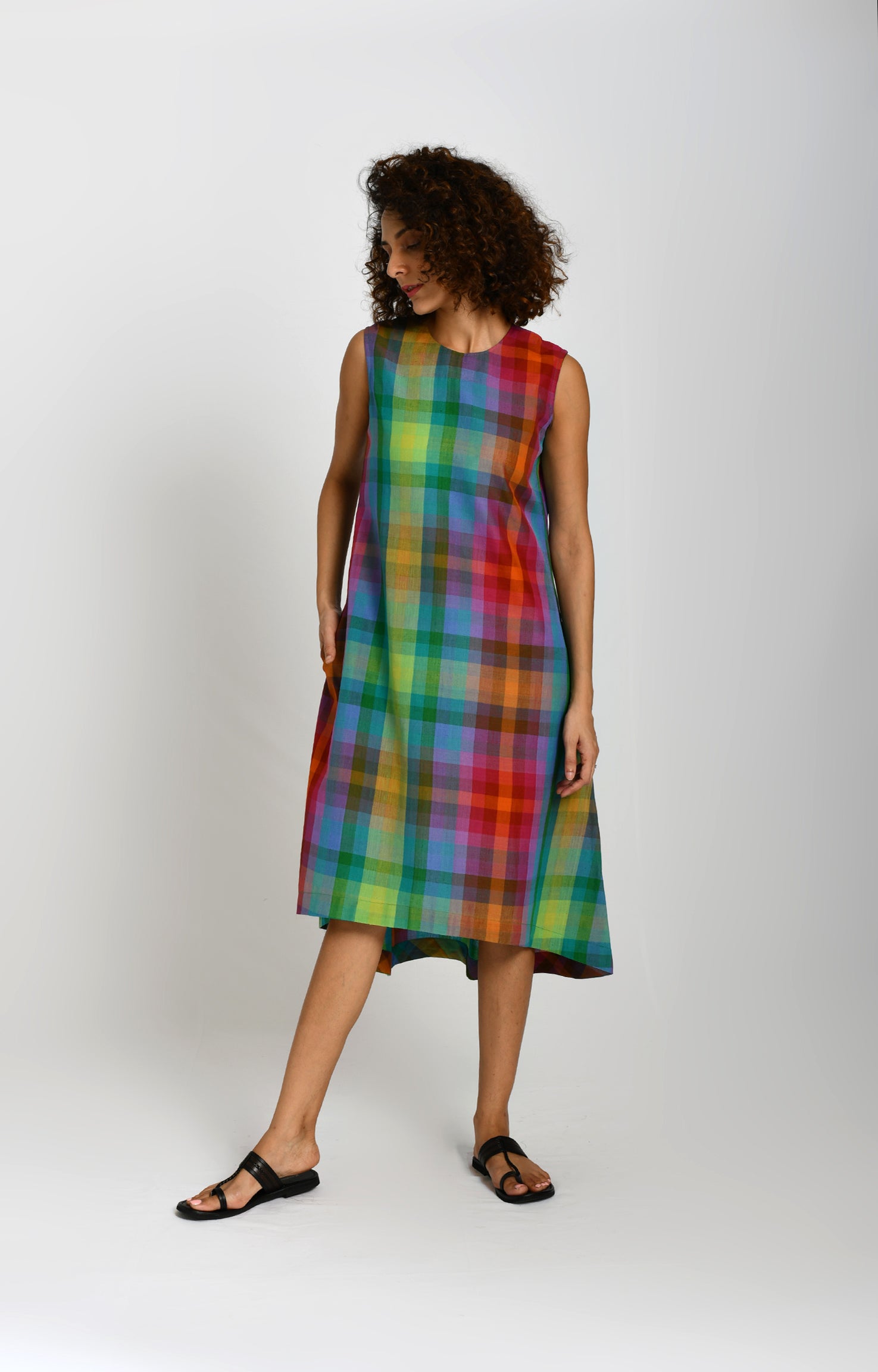 Multicolor Madras checks A-line dress with sleeveless design
