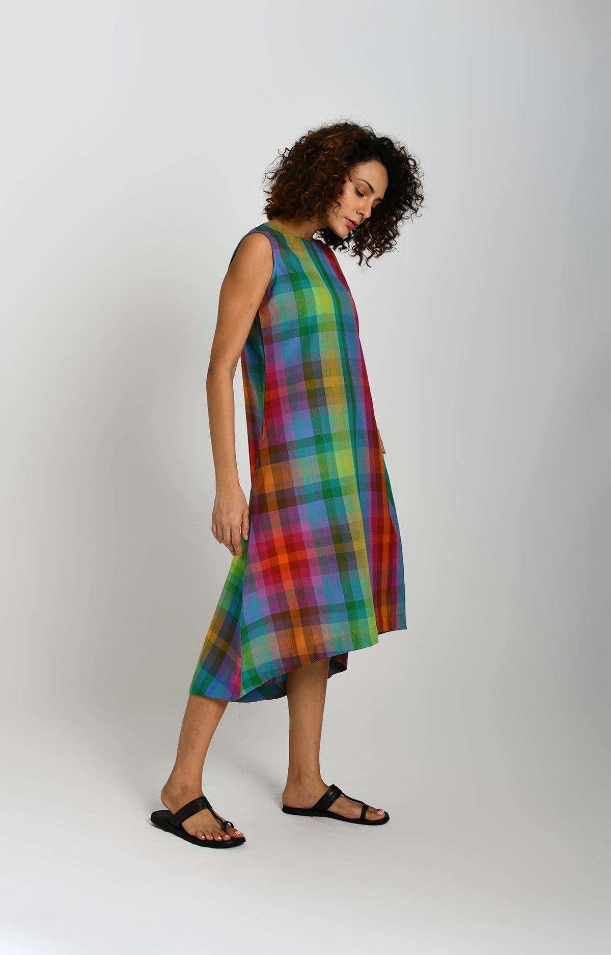 Multicolor Madras checks A-line dress with sleeveless design