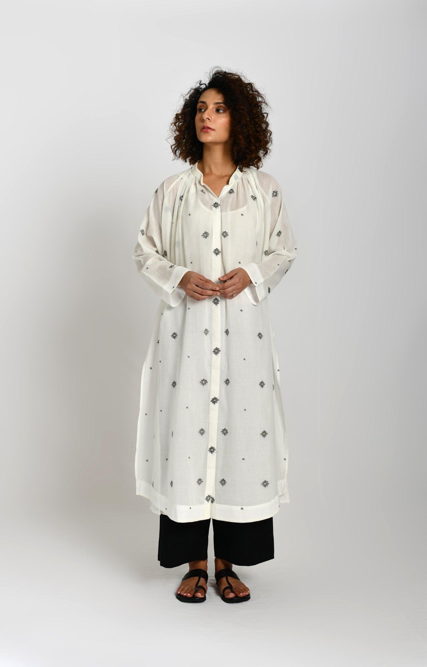 Neck Gather Jamdani Tunic- White