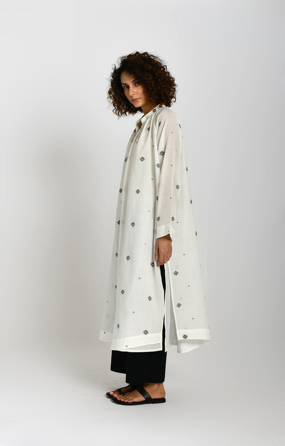 Neck Gather Jamdani Tunic- White