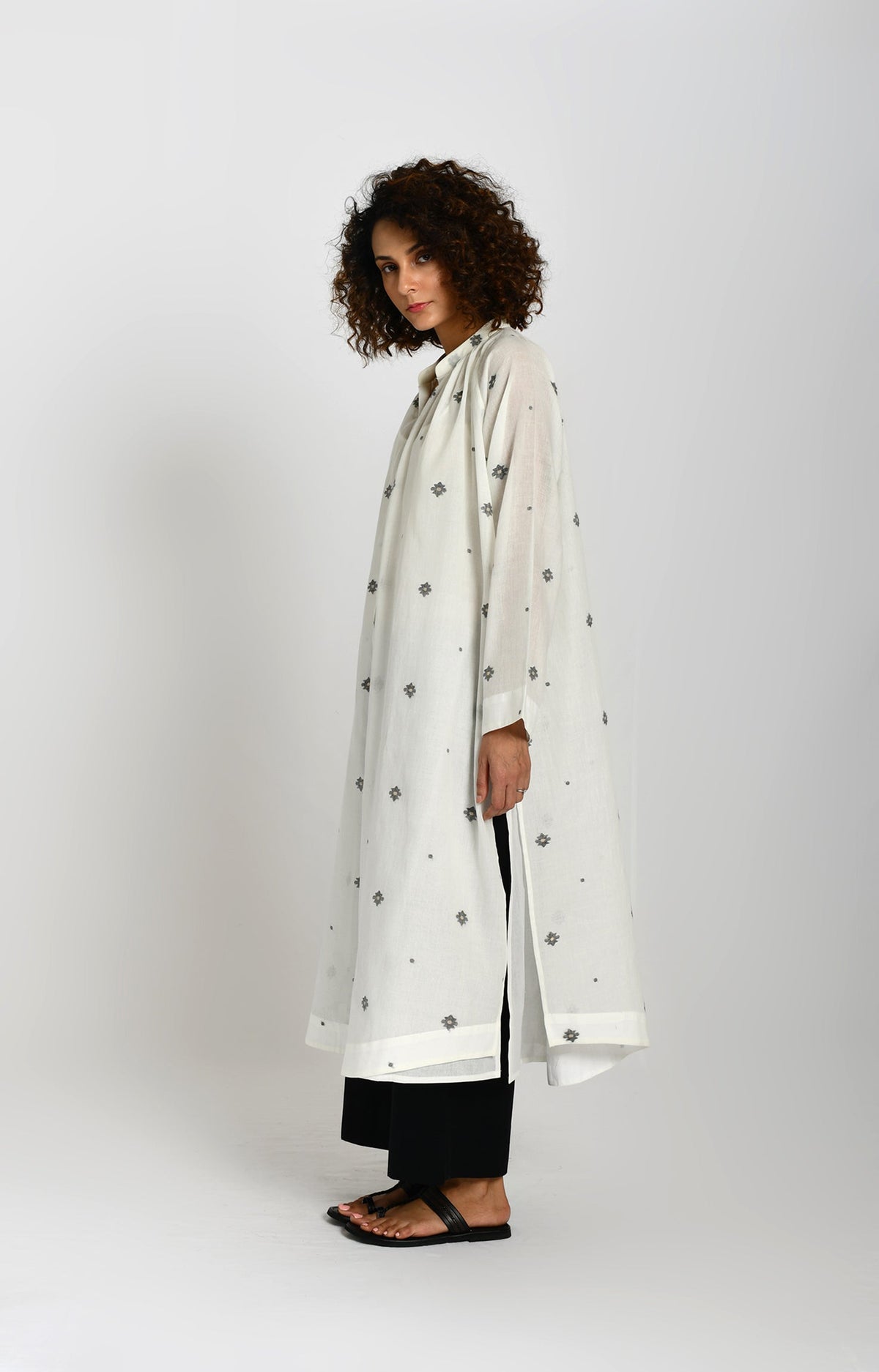 Neck Gather Jamdani Co-ord Set- White
