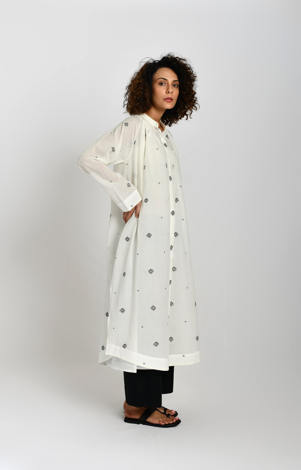 Neck Gather Jamdani Tunic- White