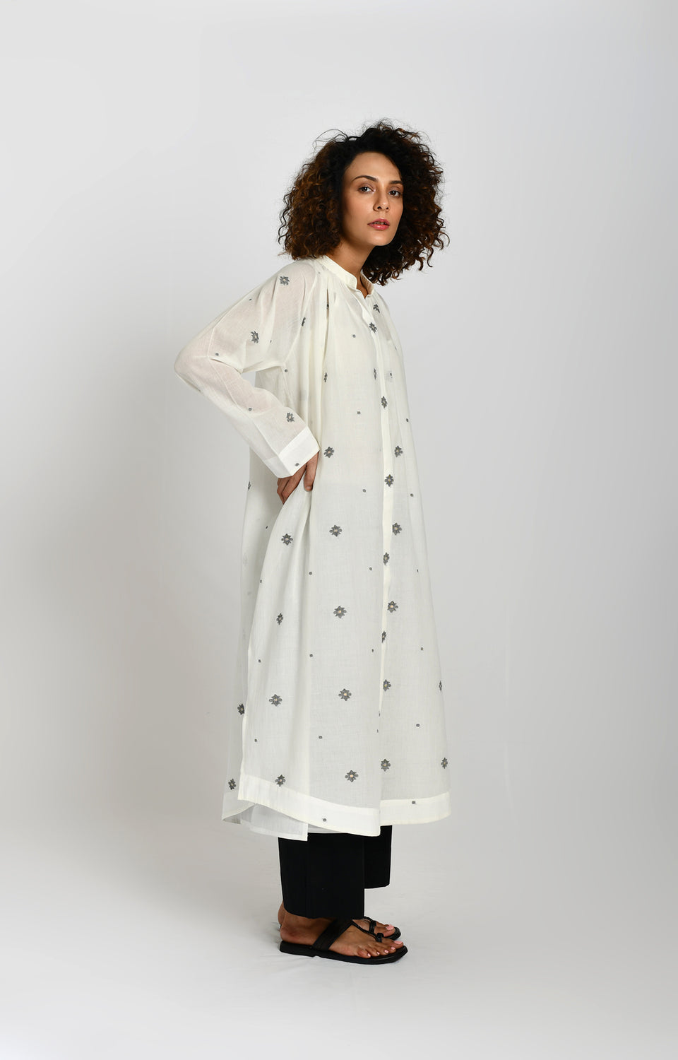 Neck Gather Jamdani Tunic- White