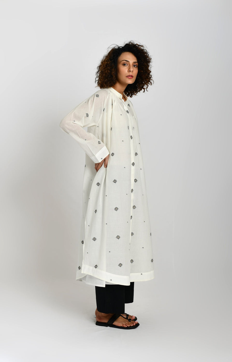 Neck Gather Jamdani Co-ord Set- White
