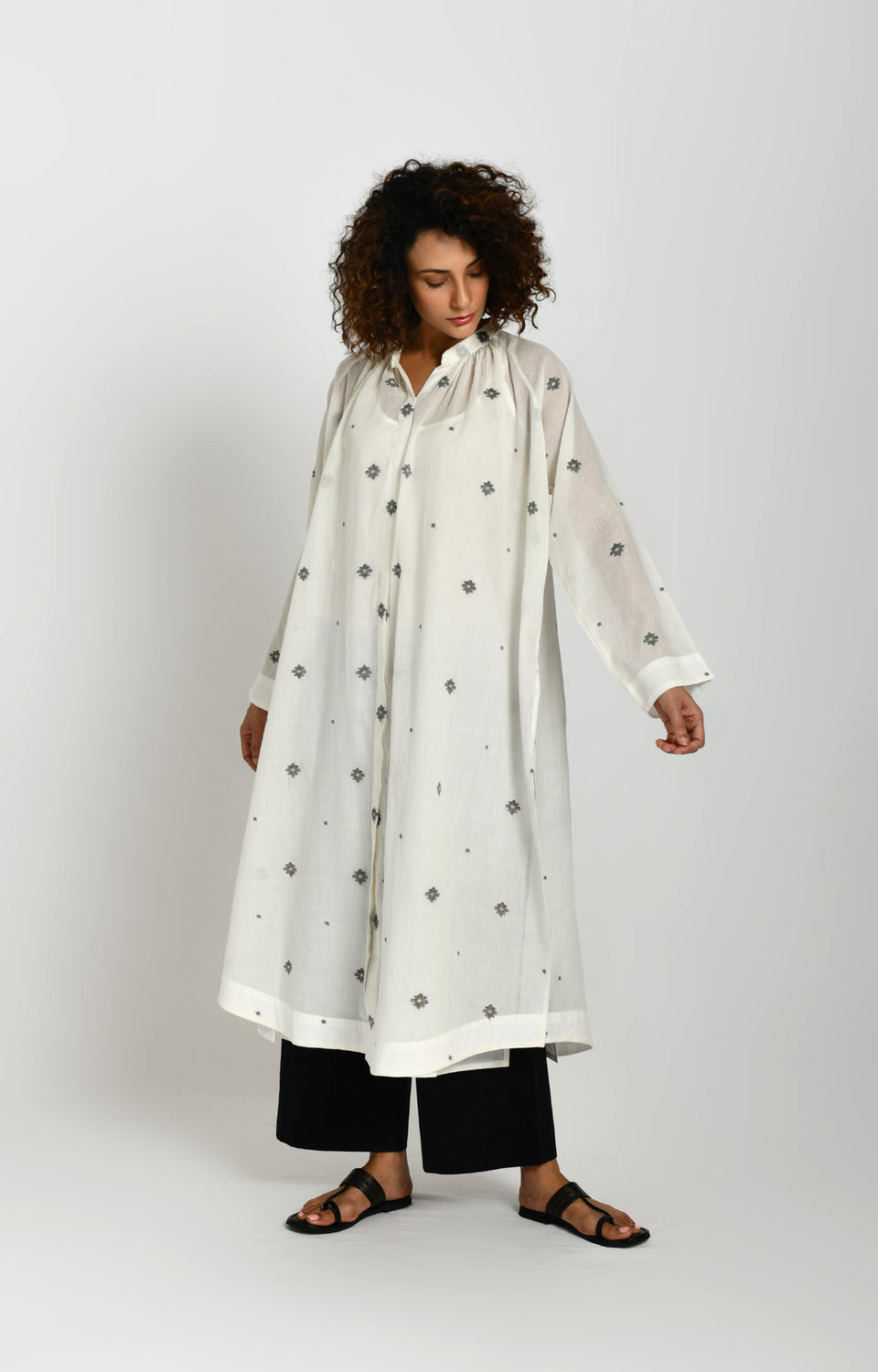 Neck Gather Jamdani Tunic- White