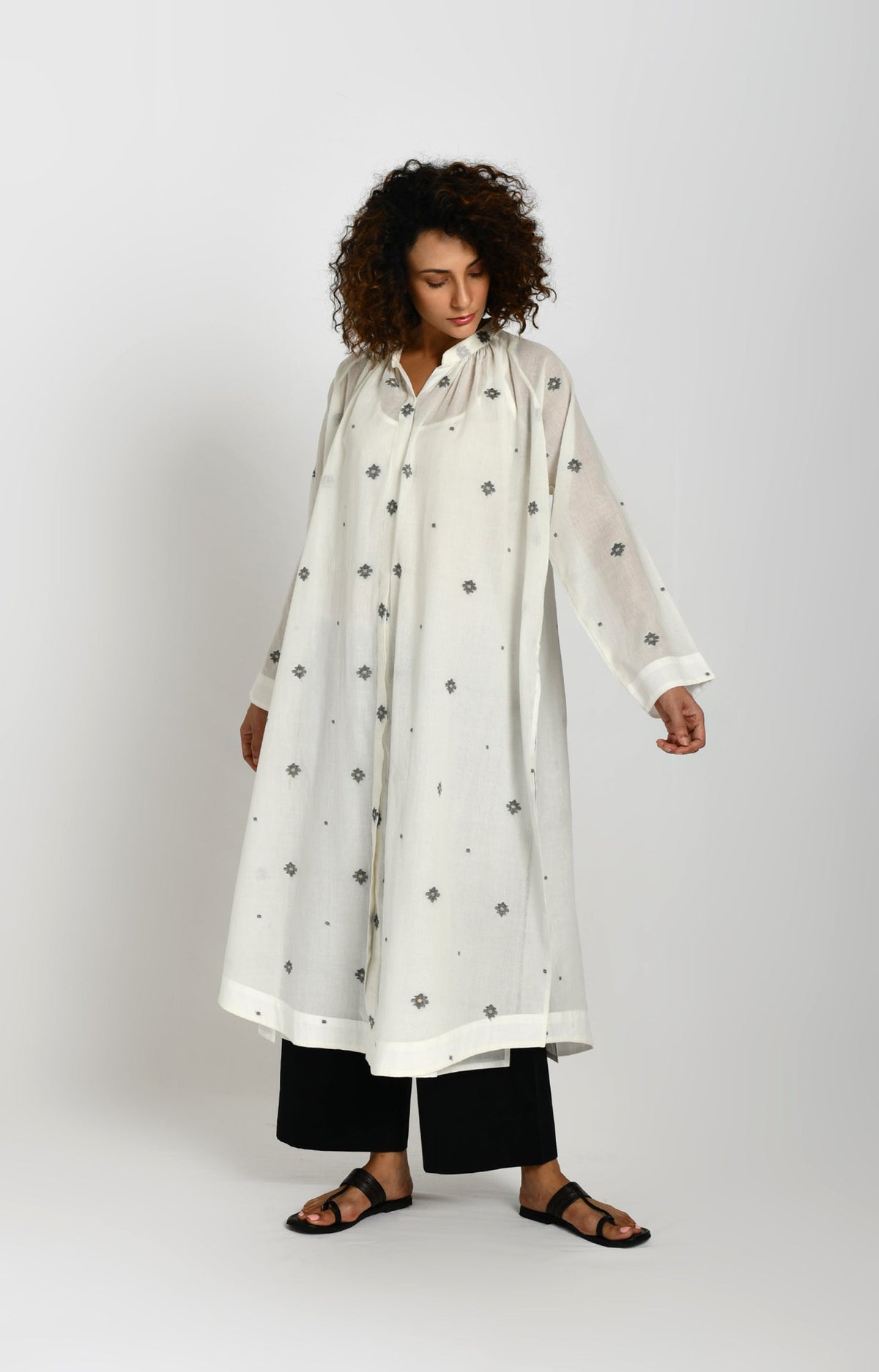 Neck Gather Jamdani Co-ord Set- White