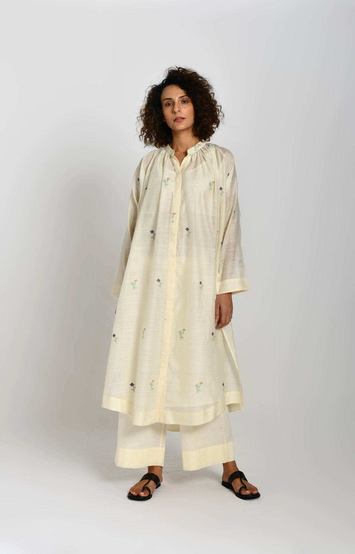 Off white khadi silk neck gather Jamdani kurta