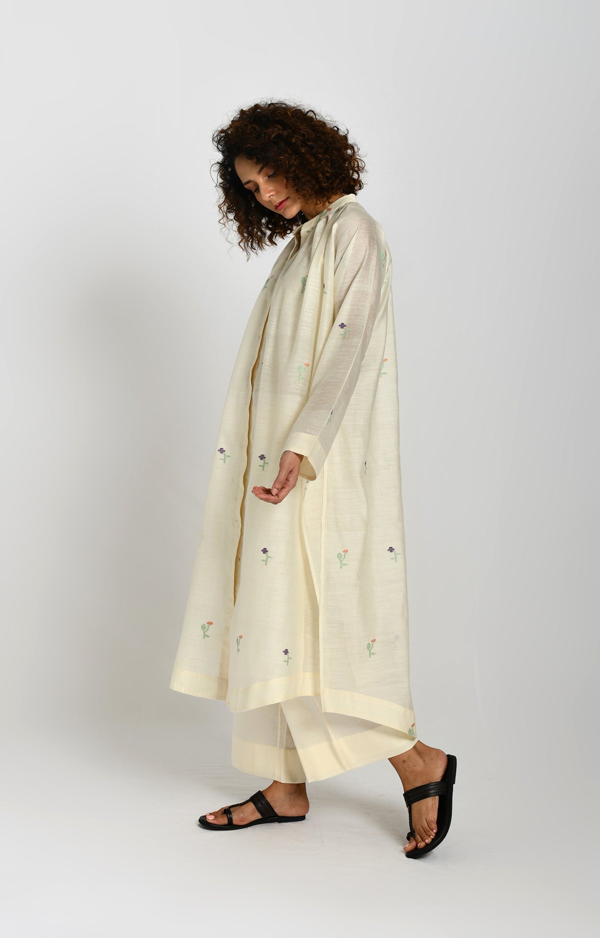 Off white khadi silk neck gather Jamdani co-ord set