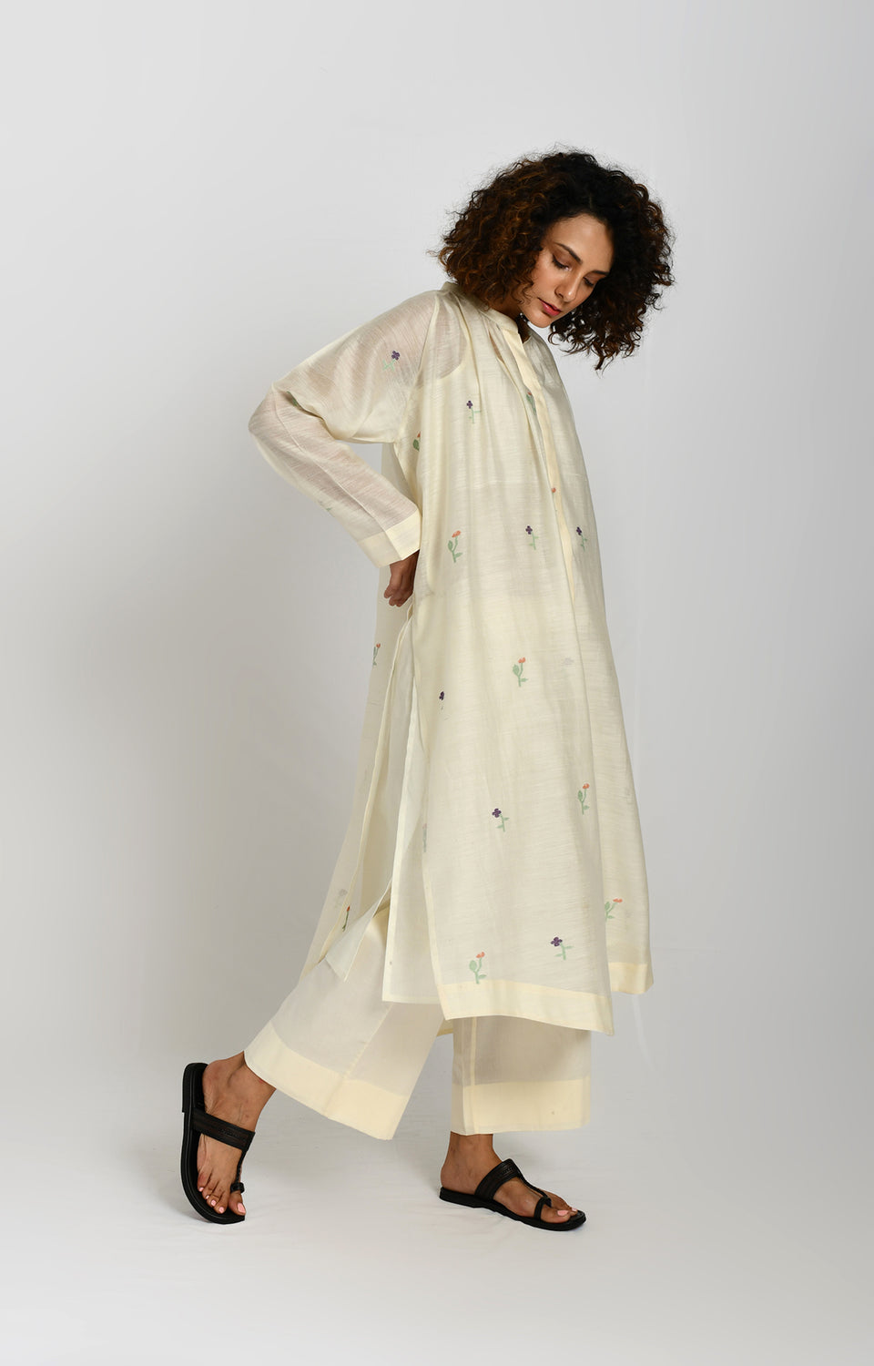 Off white khadi silk neck gather Jamdani co-ord set