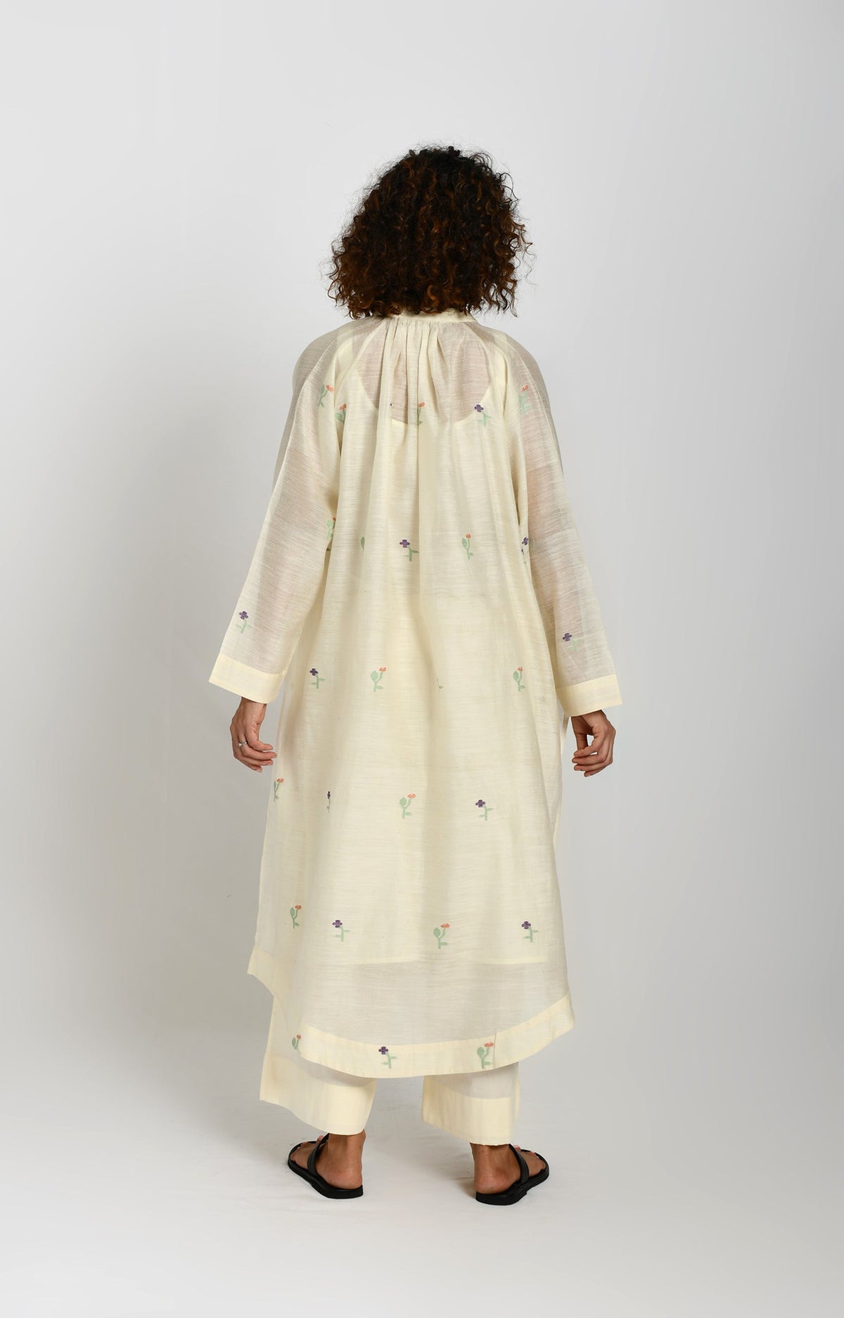 Off white khadi silk neck gather Jamdani kurta