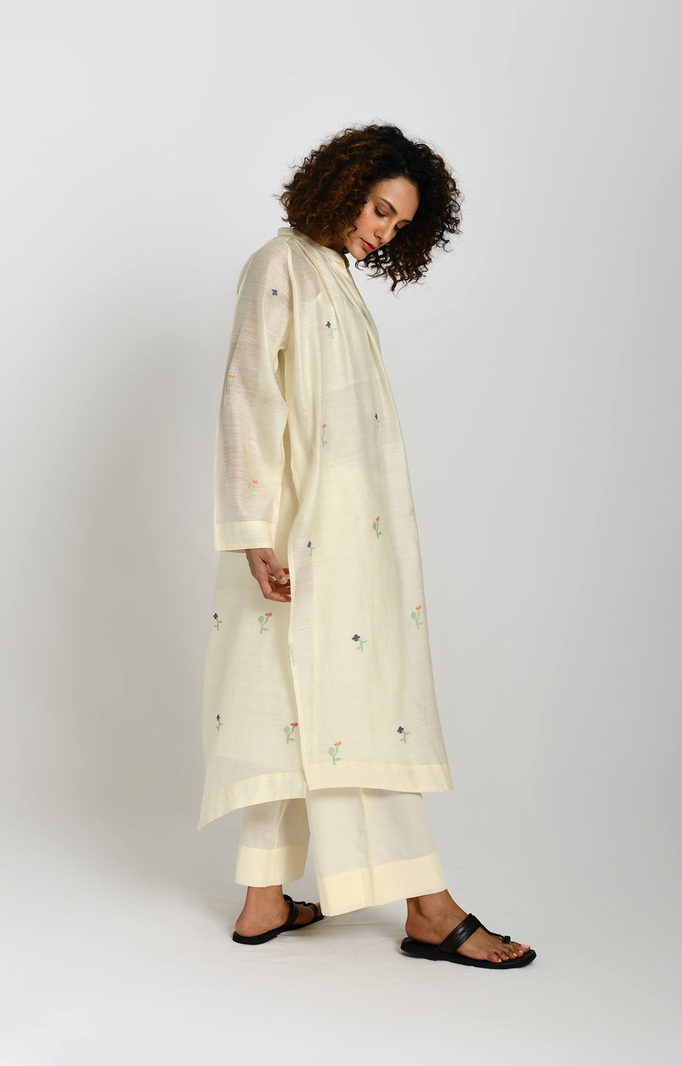 Off white khadi silk neck gather Jamdani co-ord set