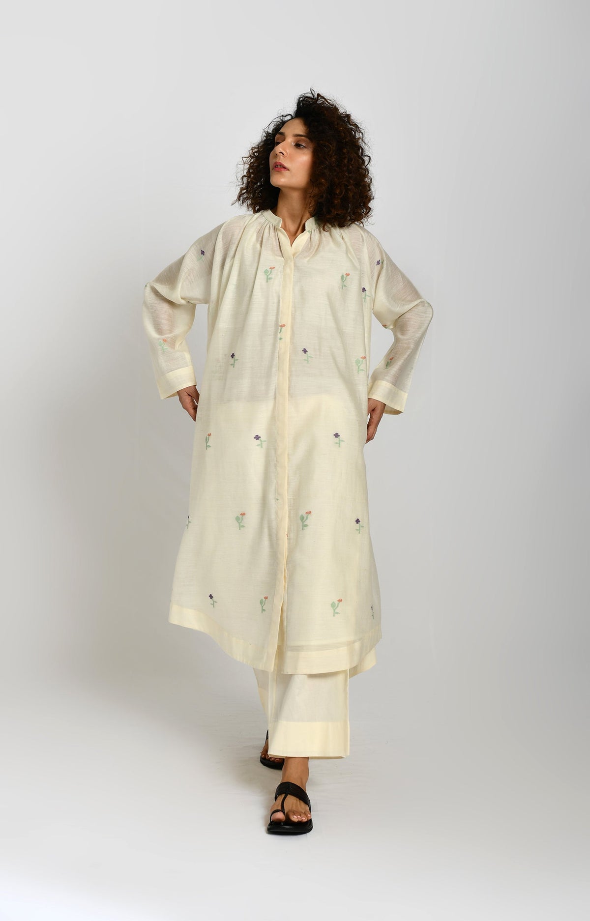 Off white khadi silk neck gather Jamdani kurta