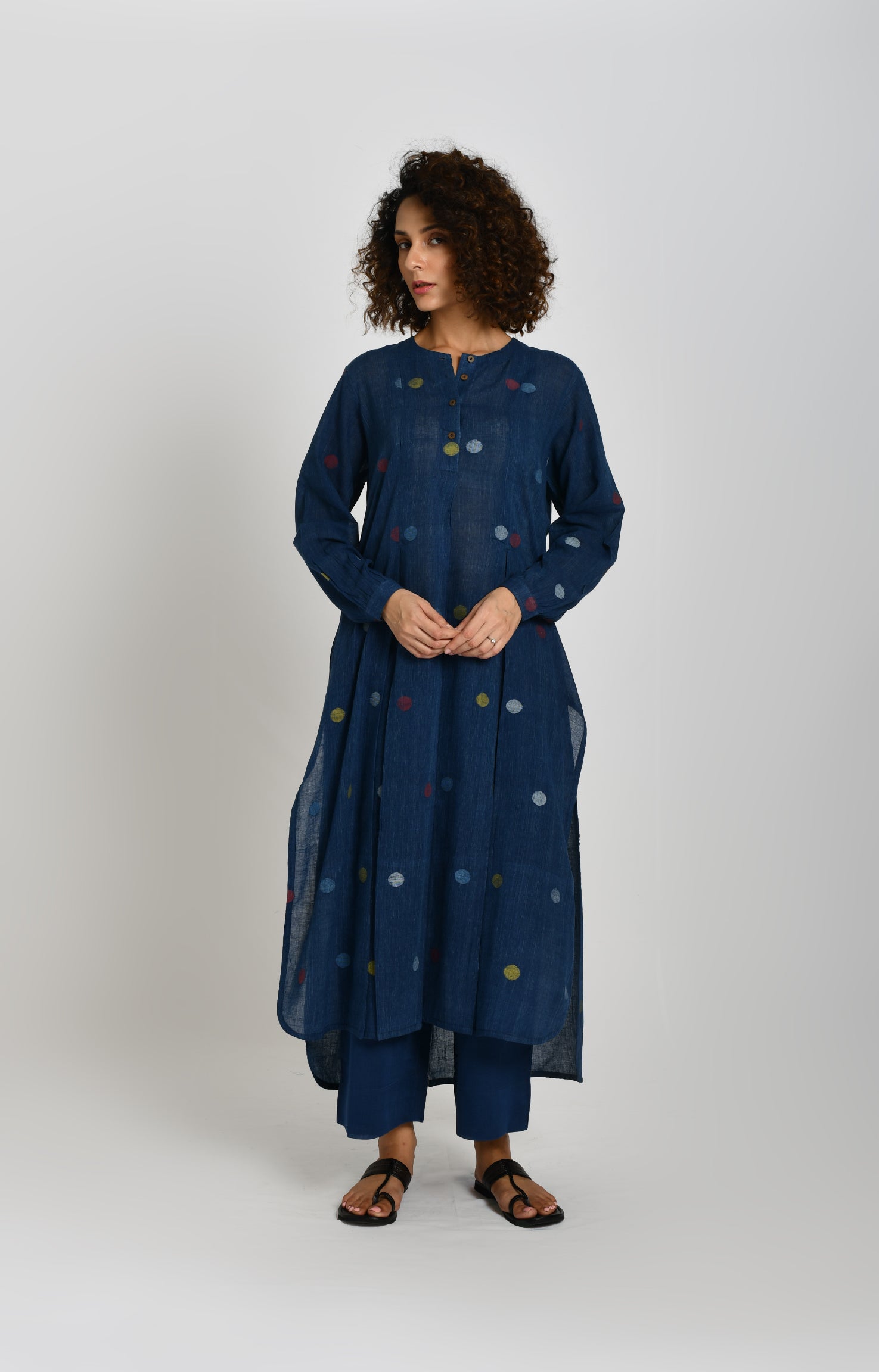 Indigo polka Jamdani tunic for women in handwoven cotton with A-line fit - Hiranya