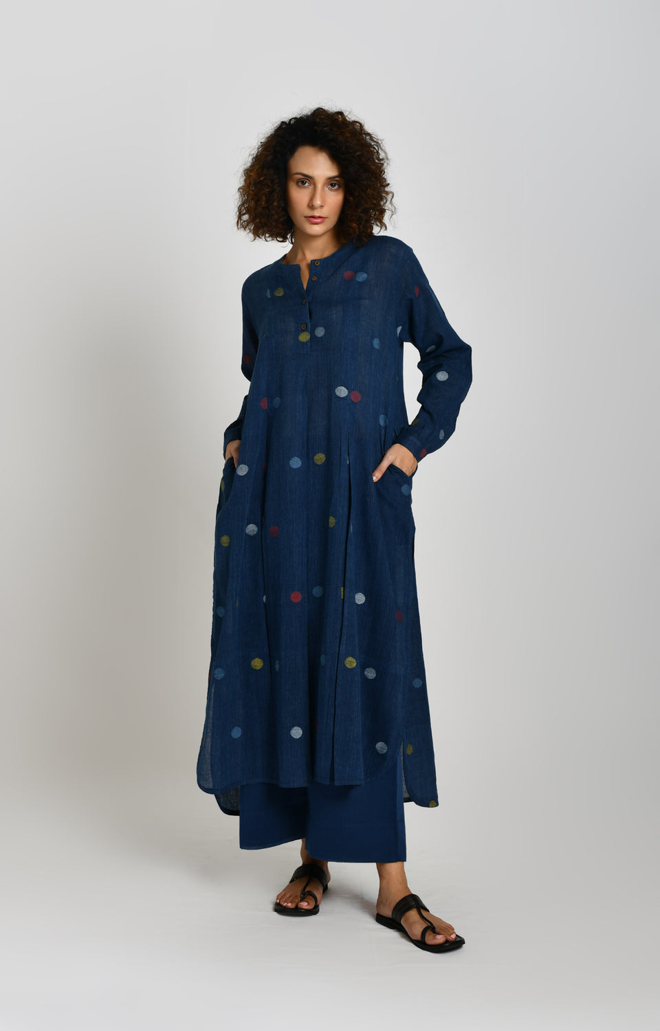 Indigo polka Jamdani tunic for women in handwoven cotton with A-line fit - Hiranya