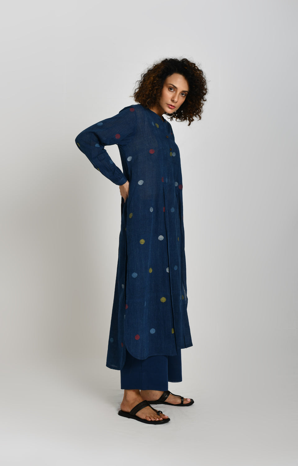 Indigo polka Jamdani tunic for women in handwoven cotton with A-line fit - Hiranya