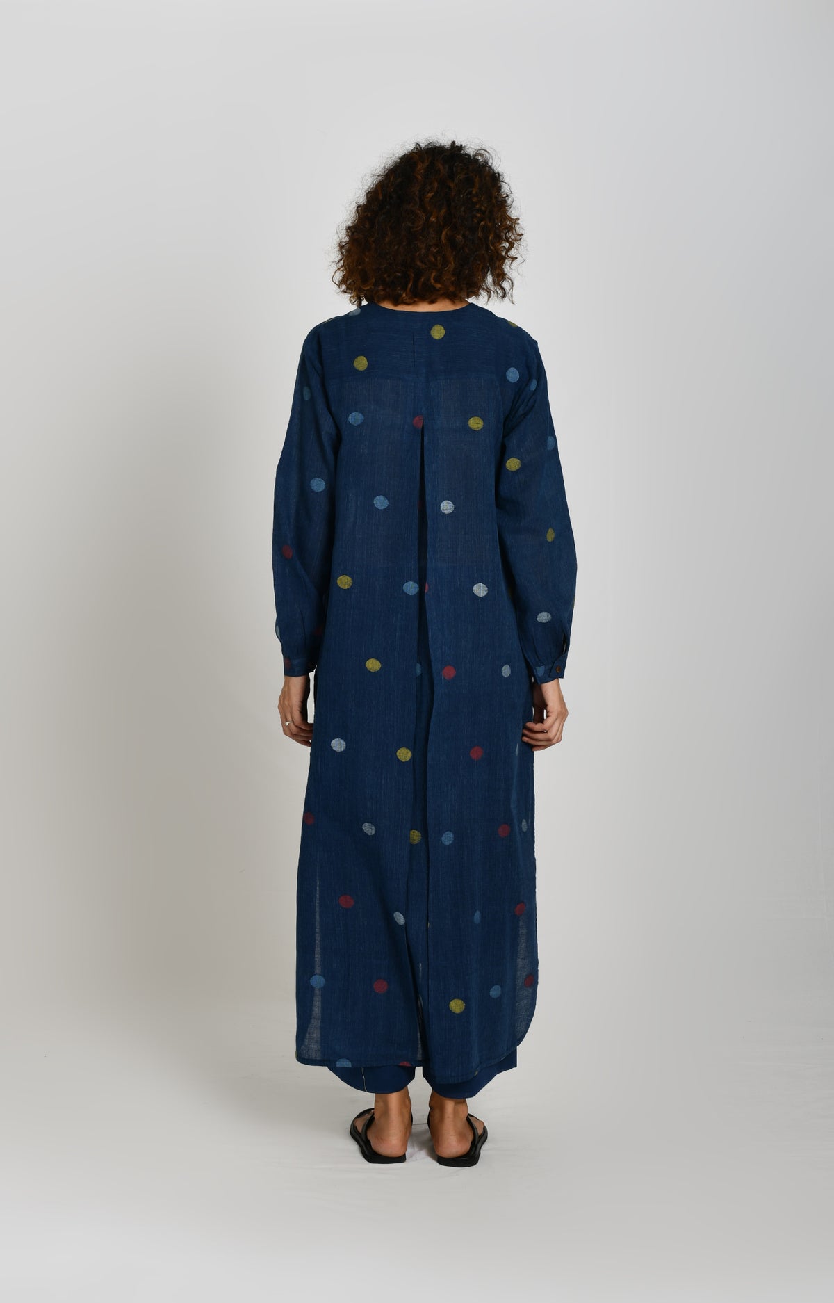 Indigo polka Jamdani tunic for women in handwoven cotton with A-line fit - Hiranya