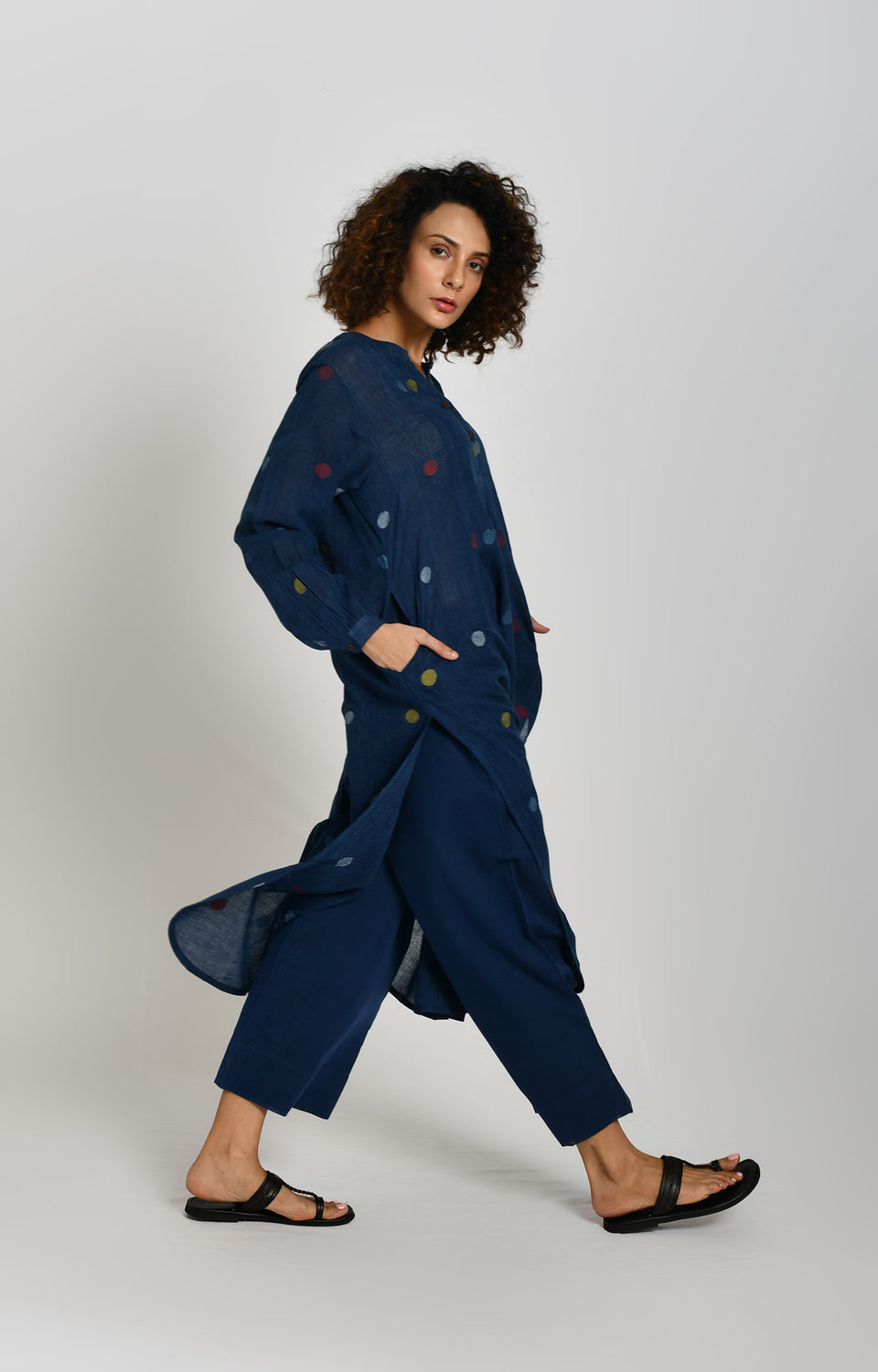 Indigo polka Jamdani tunic for women in handwoven cotton with A-line fit - Hiranya