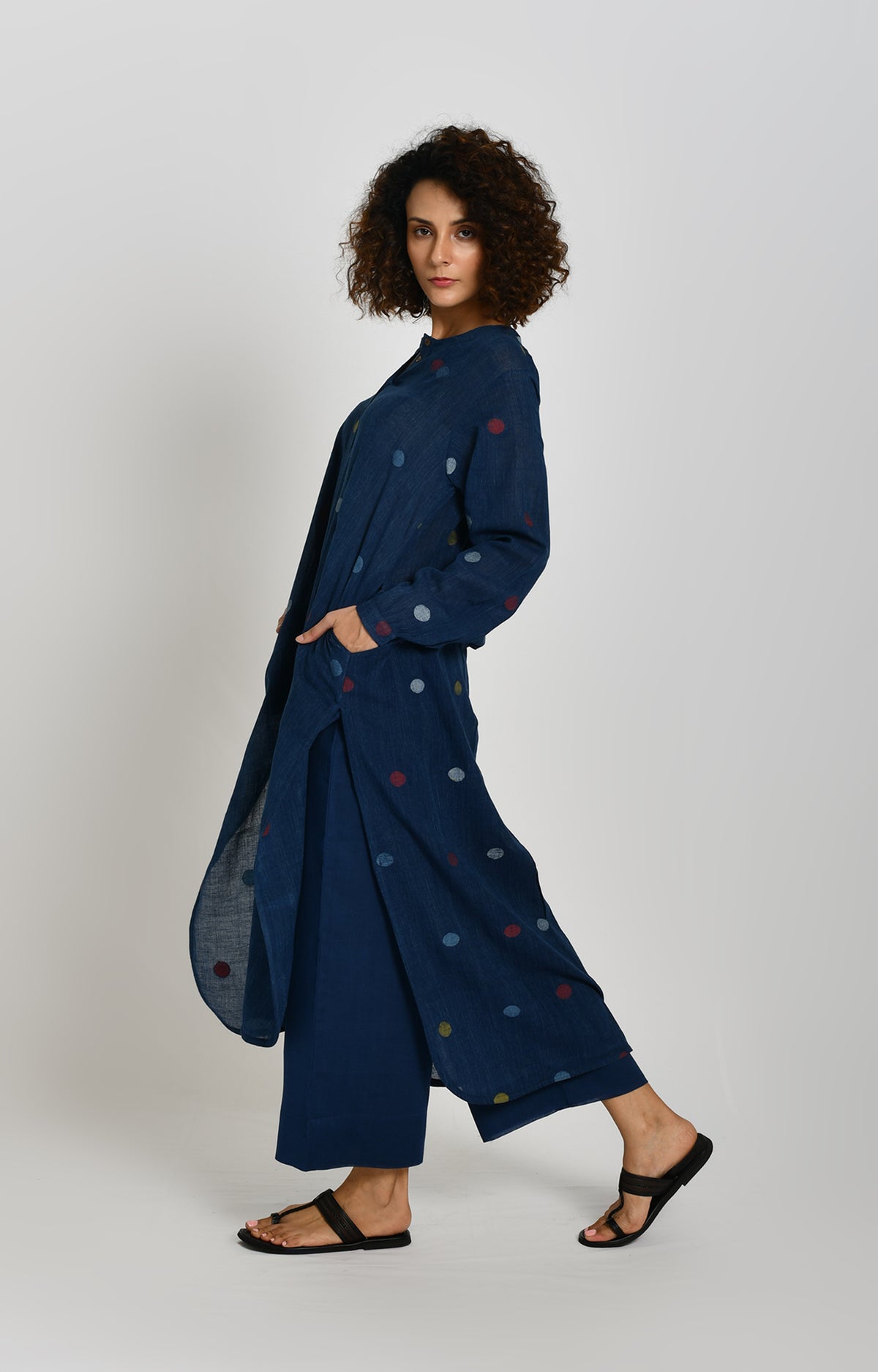 Indigo polka Jamdani tunic for women in handwoven cotton with A-line fit - Hiranya