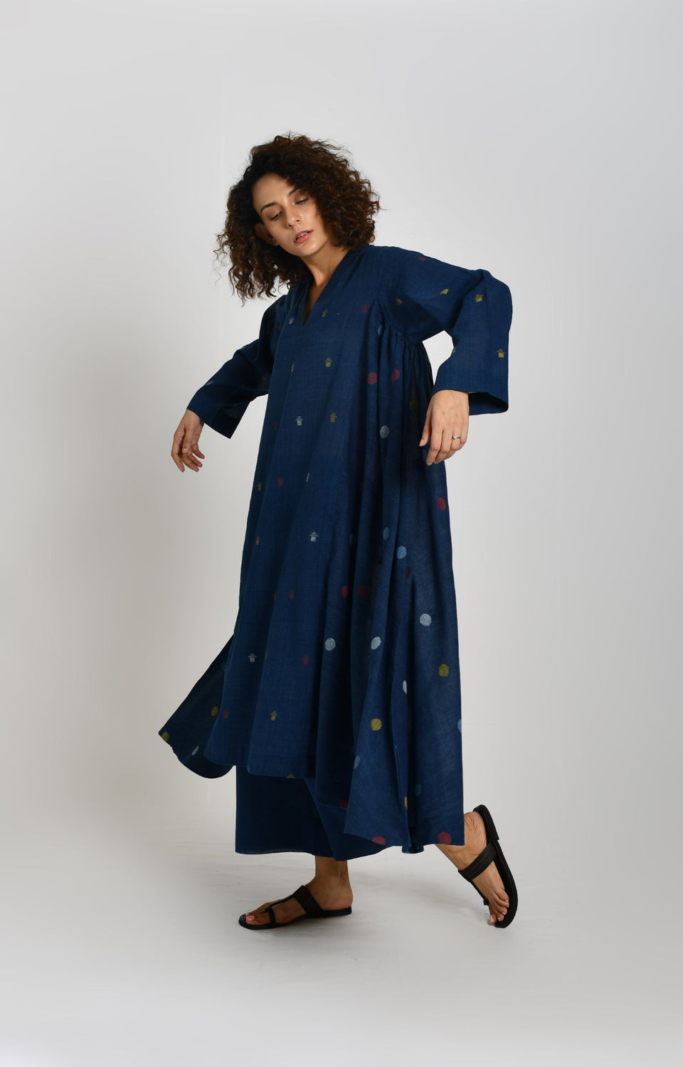 Polka and Tersa Jamdani Side-gather Kurta- Indigo