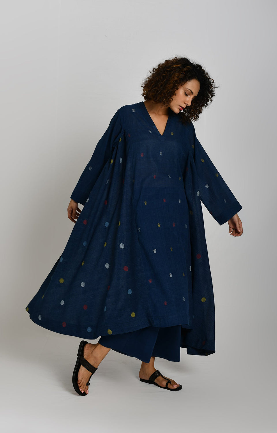 Polka and Tersa Jamdani Side-gather Kurta- Indigo