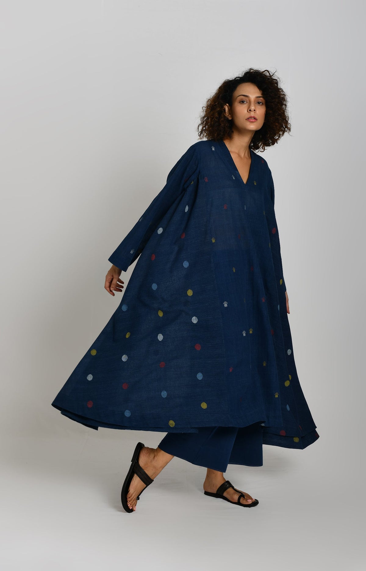 Polka and Tersa Jamdani Side-gather Kurta- Indigo