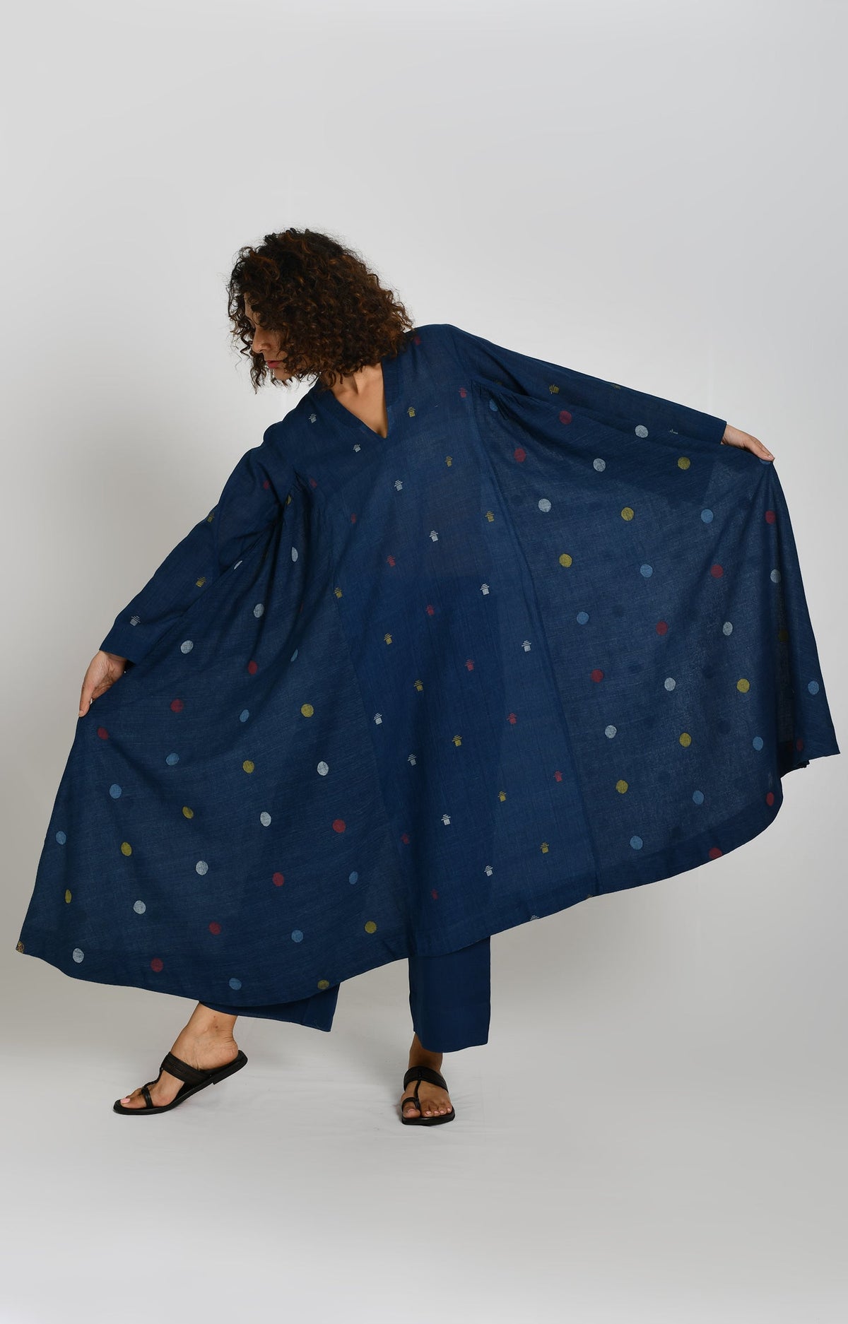 Polka and Tersa Jamdani Side-gather Kurta- Indigo