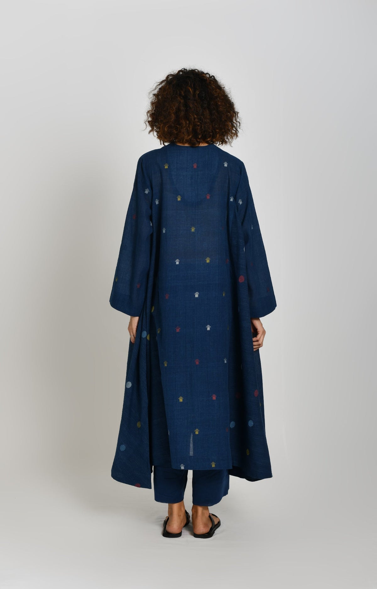 Polka and Tersa Jamdani Side-gather Kurta- Indigo