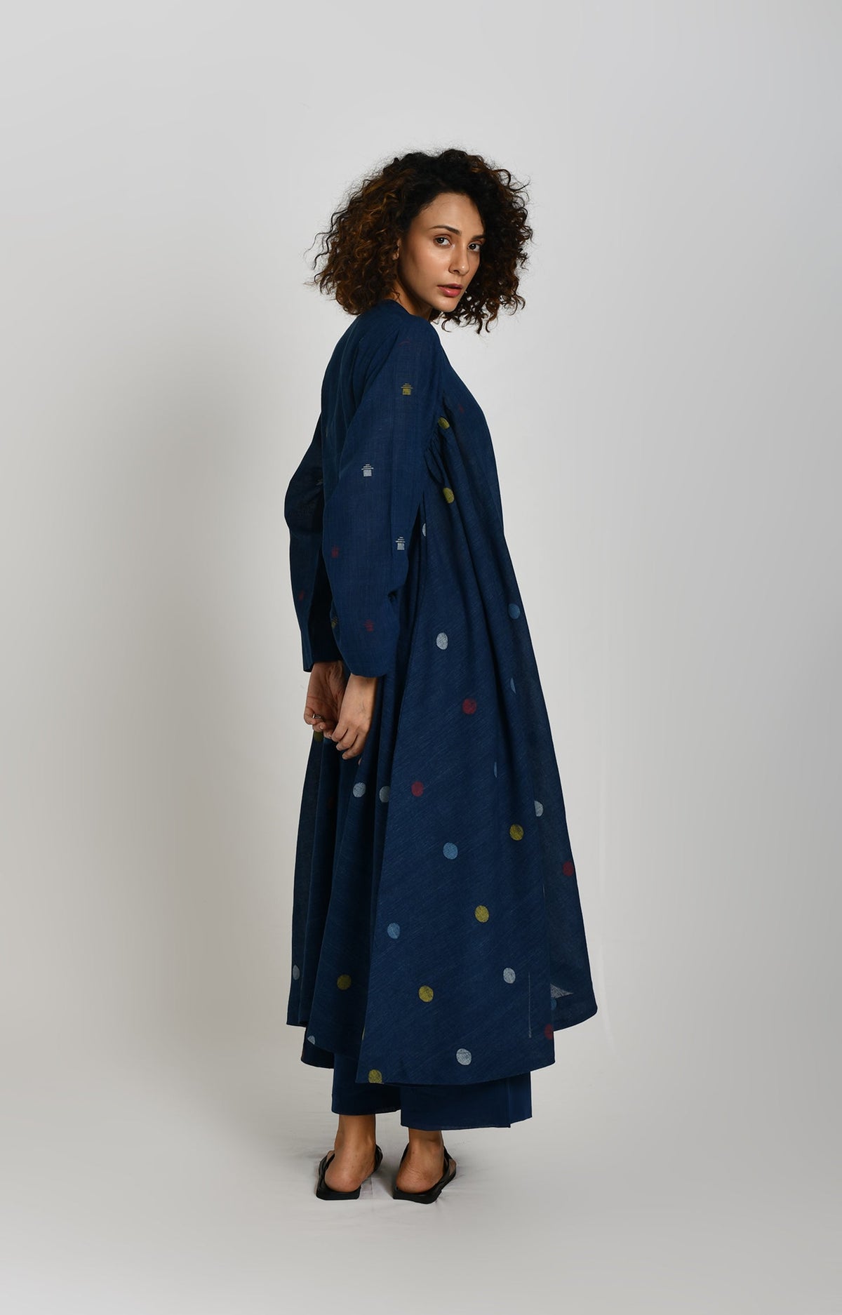 Polka and Tersa Jamdani Side-gather Kurta- Indigo