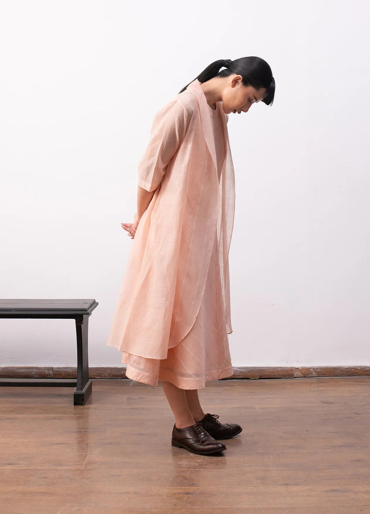 Peach tiered dress for women with relaxed fit – Ingrid dress by Hiranya