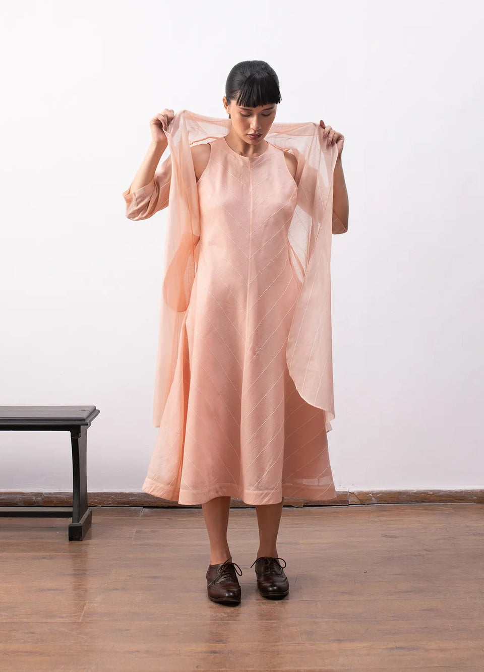 Peach tiered dress for women with relaxed fit – Ingrid dress by Hiranya