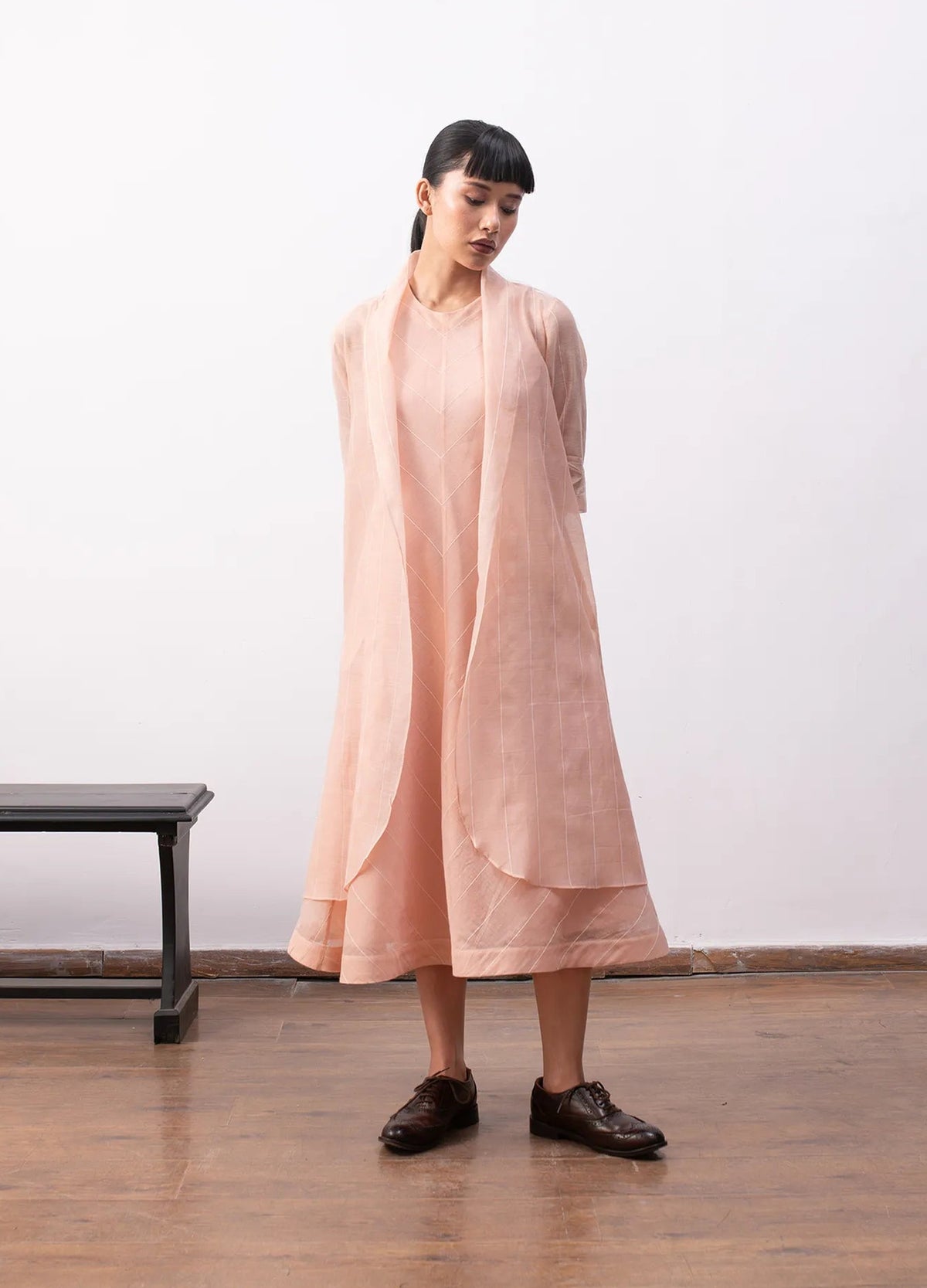 Peach tiered dress for women with relaxed fit – Ingrid dress by Hiranya