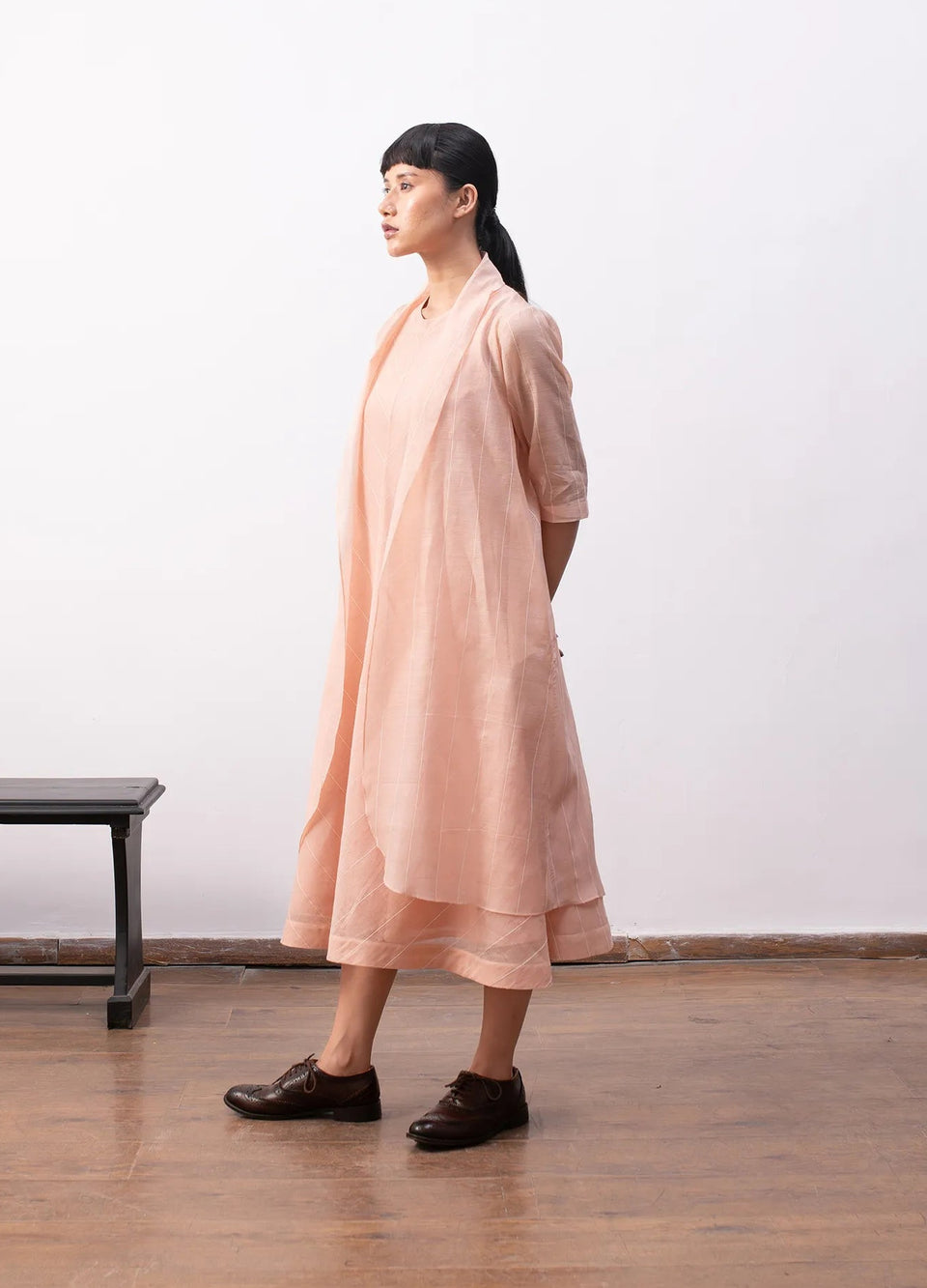 Peach tiered dress for women with relaxed fit – Ingrid dress by Hiranya