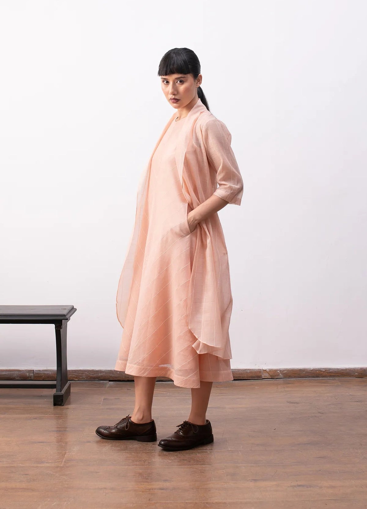 Peach tiered dress for women with relaxed fit – Ingrid dress by Hiranya