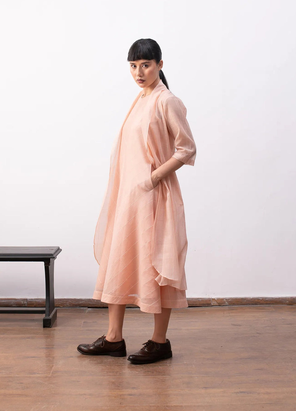 Peach tiered dress for women with relaxed fit – Ingrid dress by Hiranya