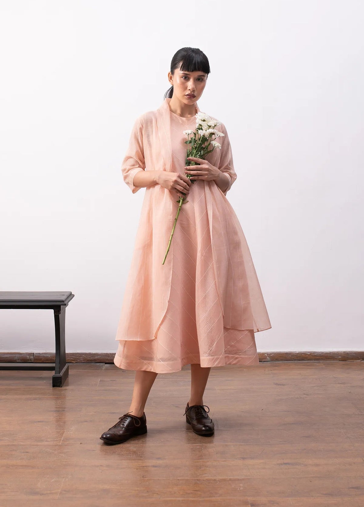 Peach tiered dress for women with relaxed fit – Ingrid dress by Hiranya