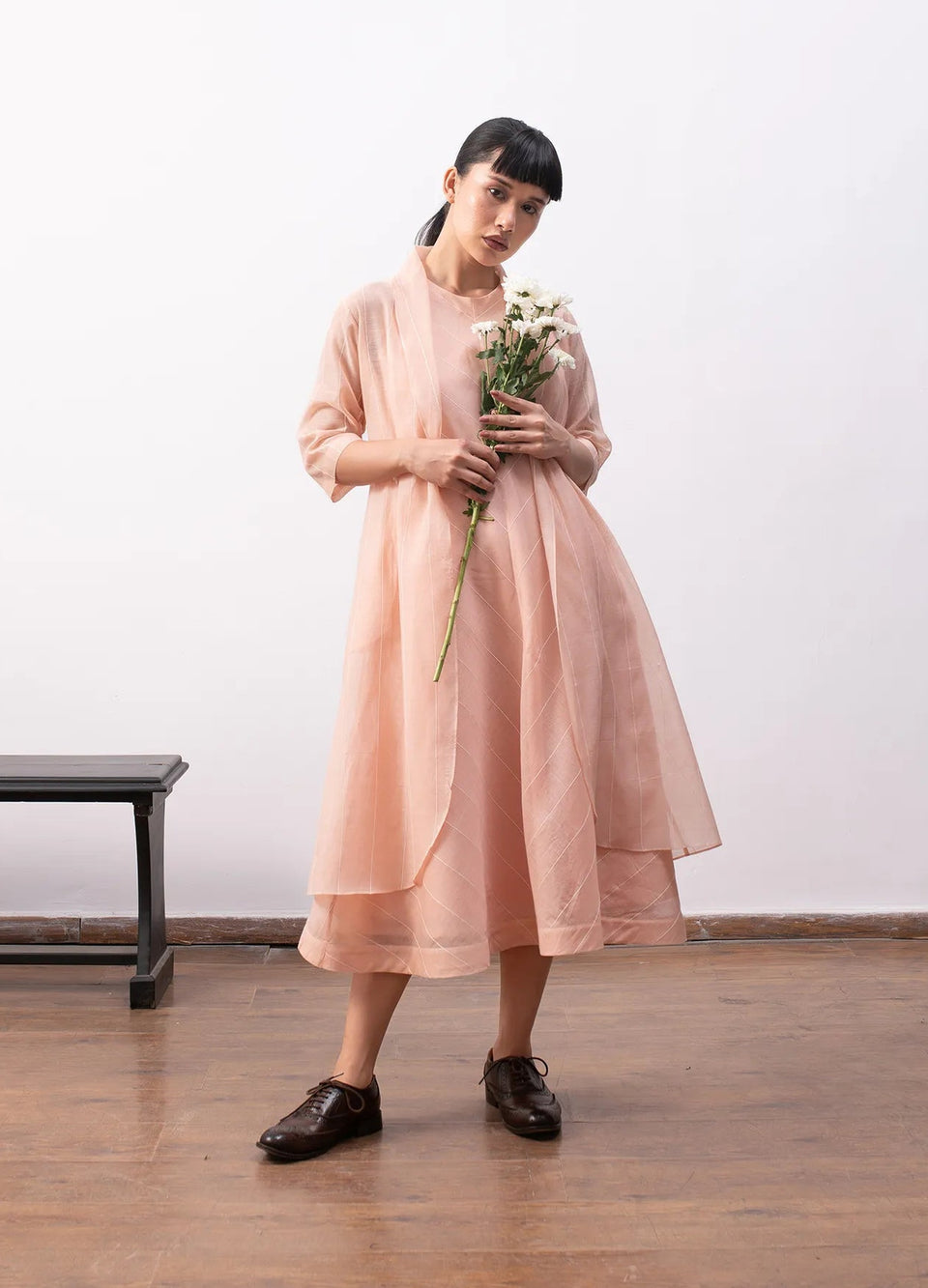 Peach tiered dress for women with relaxed fit – Ingrid dress by Hiranya