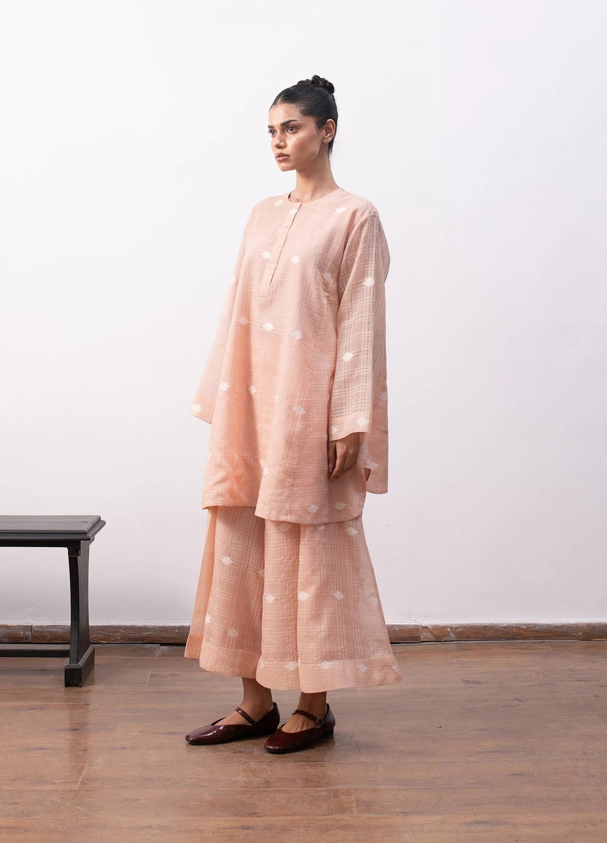 Peach co-ord set with relaxed kurta and wide-leg trousers - Hiranya